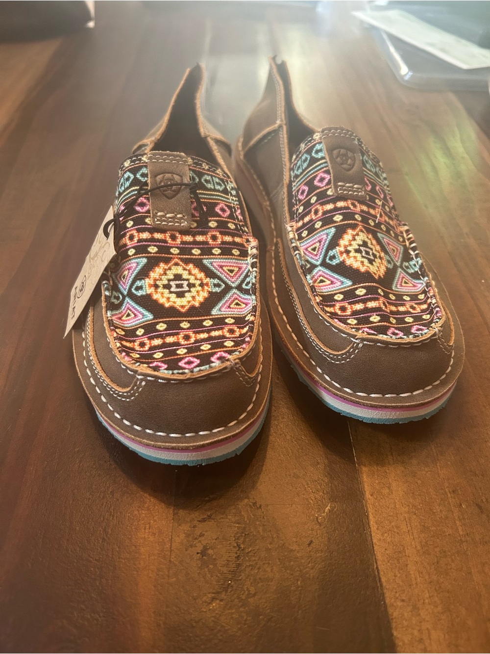 Brown Slip-On Loafers with Multicolor Aztec Embroidery